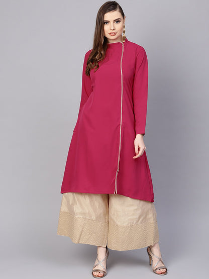 Women's Solid Megenta Kurta With Side Slit & Roll Colllar