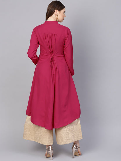 Women's Solid Megenta Kurta With Side Slit & Roll Colllar