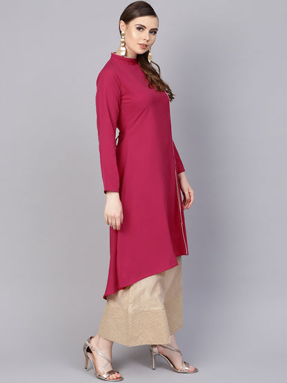 Women's Solid Megenta Kurta With Side Slit & Roll Colllar