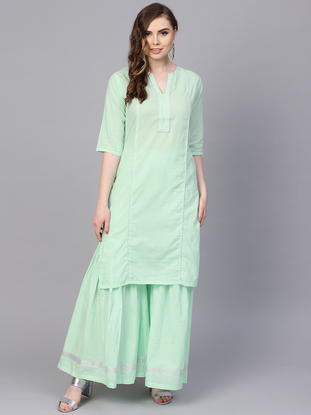 Women's Pastel Solid Mint Kurta Set With Sharara Emblished With Gota