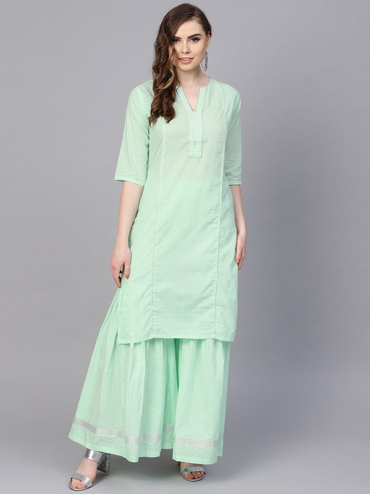Women's Pastel Solid Mint Kurta Set With Sharara Emblished With Gota