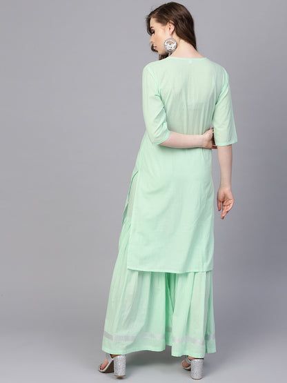 Women's Pastel Solid Mint Kurta Set With Sharara Emblished With Gota