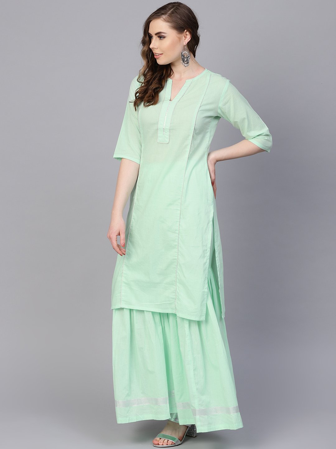 Women's Pastel Solid Mint Kurta Set With Sharara Emblished With Gota