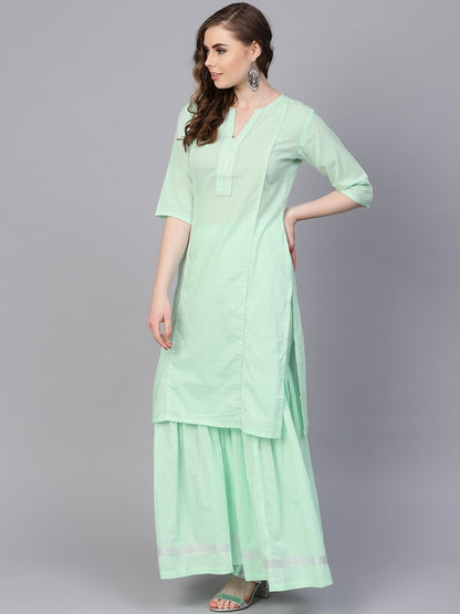 Women's Pastel Solid Mint Kurta Set With Sharara Emblished With Gota