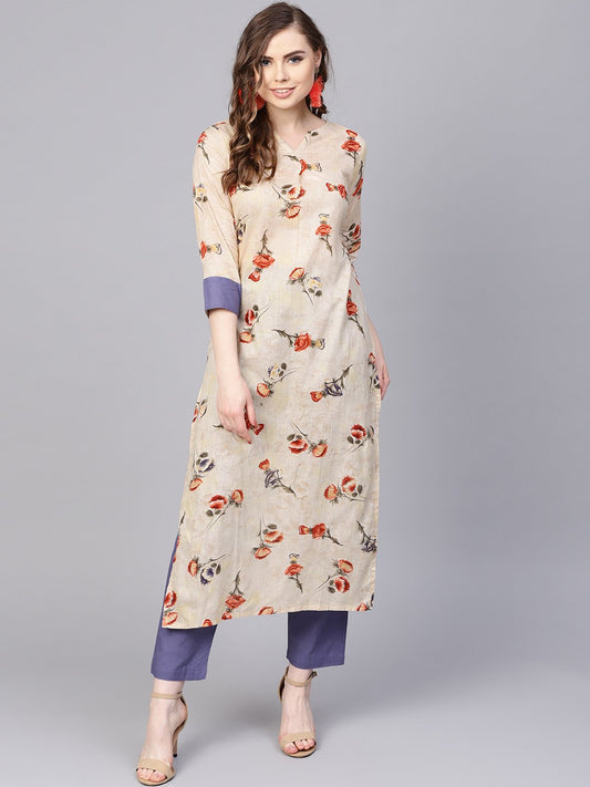Women's Cream Printed 3/4Th Sleeve Cotton Kurta Set  With Solid Pants