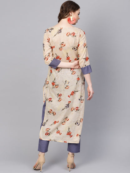 Women's Cream Printed 3/4Th Sleeve Cotton Kurta Set  With Solid Pants
