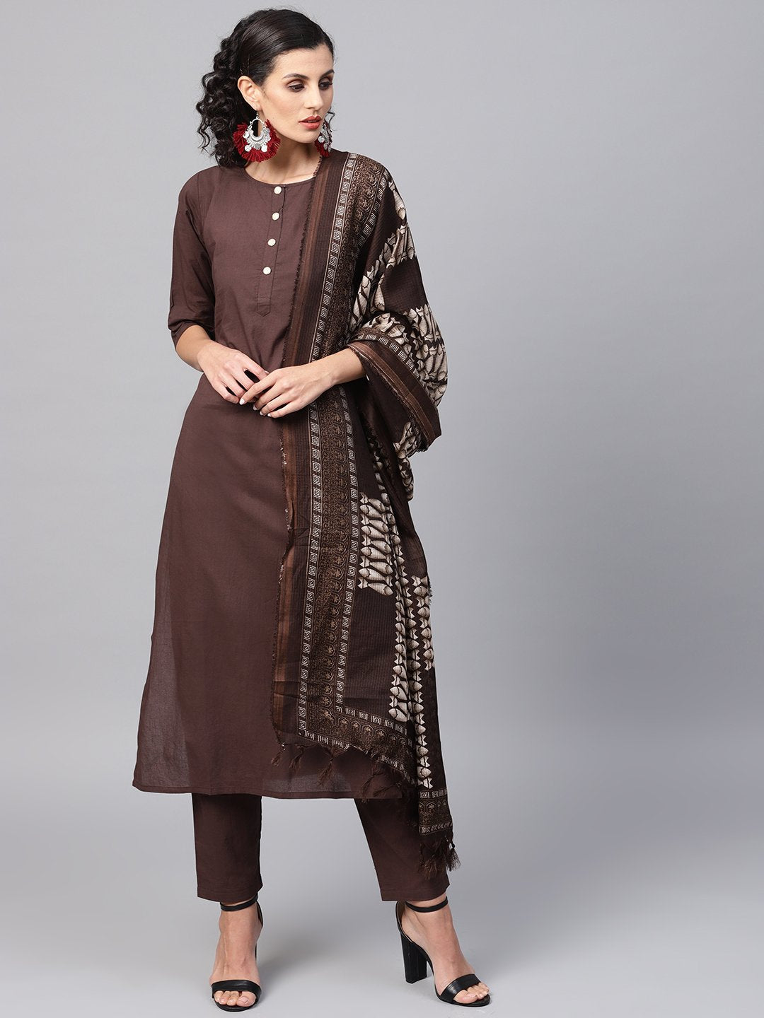 Women's Dark Brown Solid Kurta Set With Pants  & Printed Dupatta