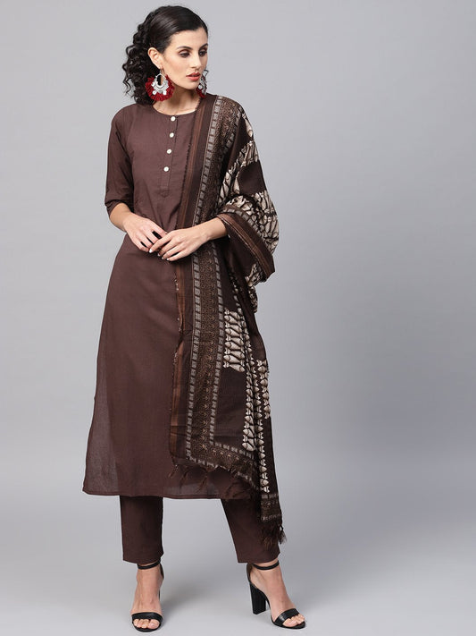 Women's Dark Brown Solid Kurta Set With Pants  & Printed Dupatta