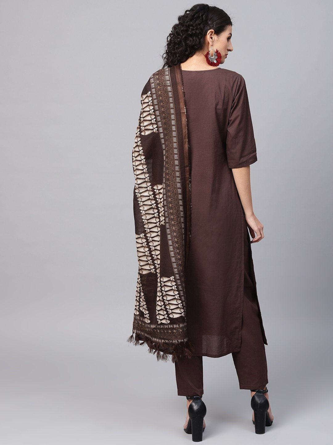 Women's Dark Brown Solid Kurta Set With Pants  & Printed Dupatta
