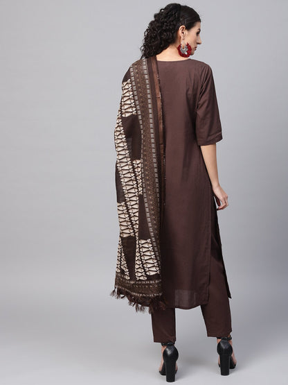 Women's Dark Brown Solid Kurta Set With Pants  & Printed Dupatta