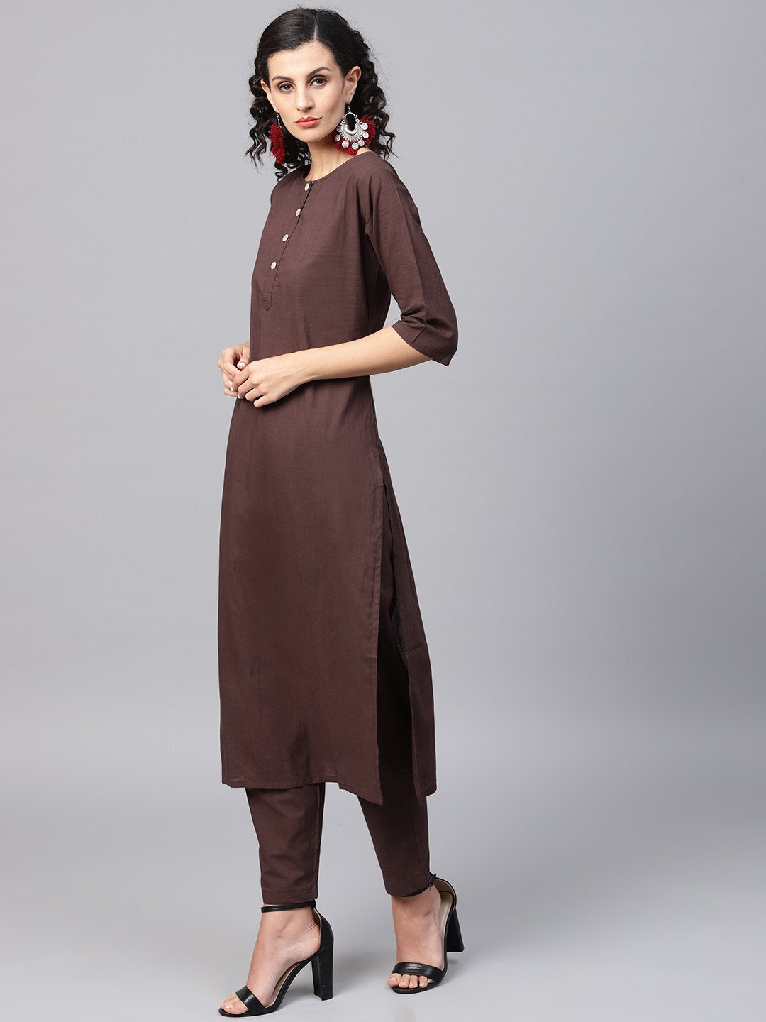 Women's Dark Brown Solid Kurta Set With Pants  & Printed Dupatta