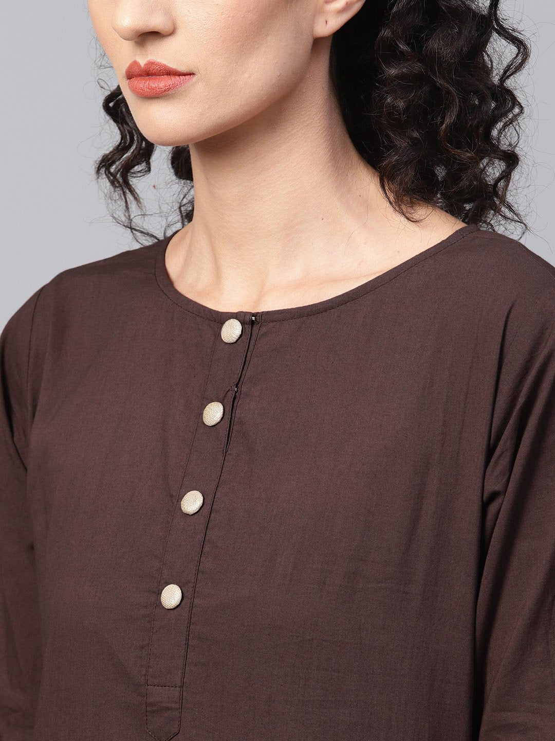Women's Dark Brown Solid Kurta Set With Pants  & Printed Dupatta