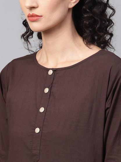 Women's Dark Brown Solid Kurta Set With Pants  & Printed Dupatta