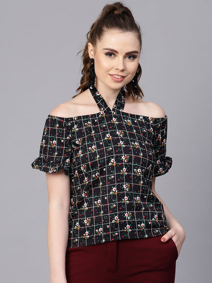 Women's Black Checked Floral Top With Halter Neck & Half Sleeves