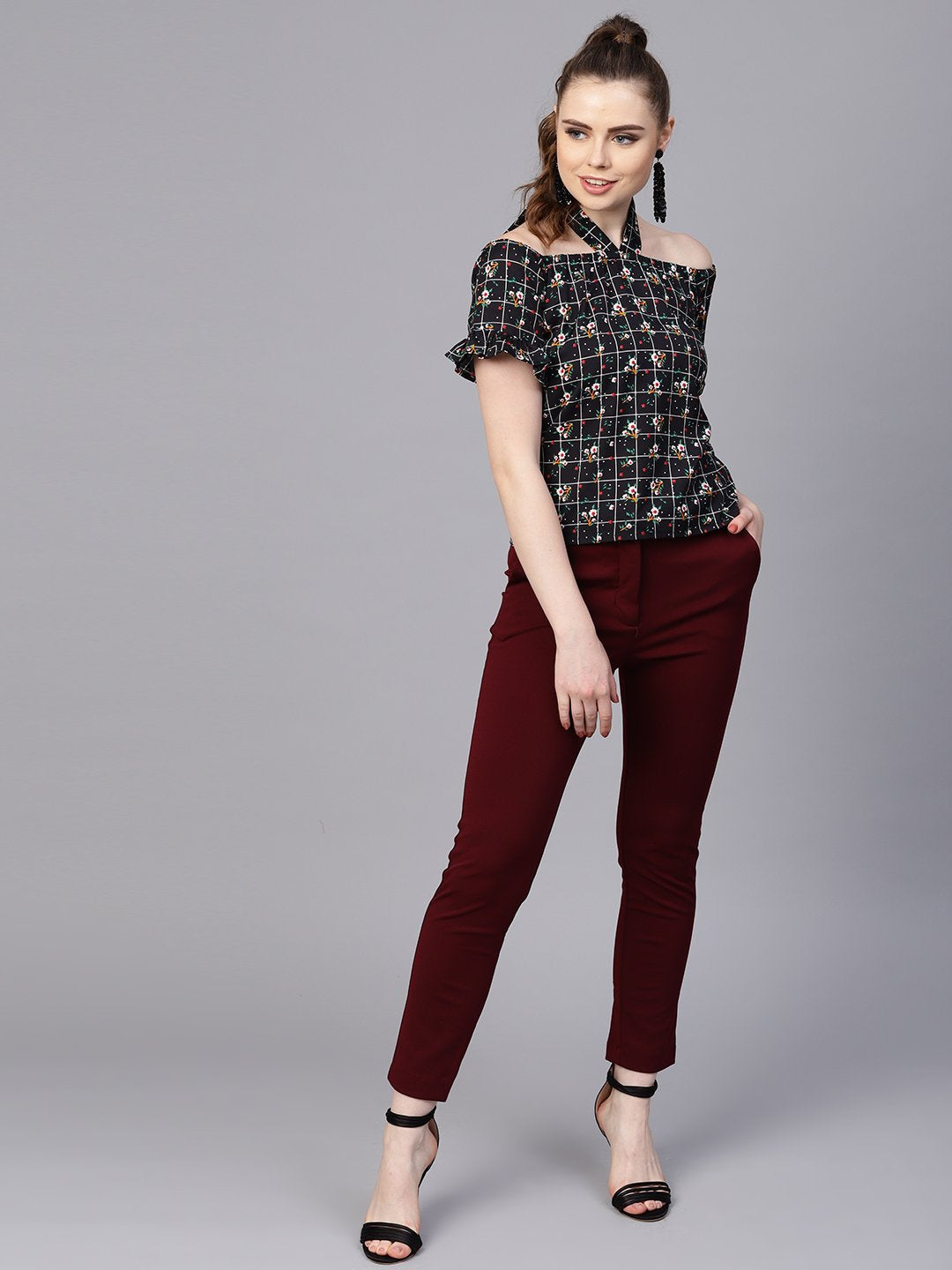 Women's Black Checked Floral Top With Halter Neck & Half Sleeves