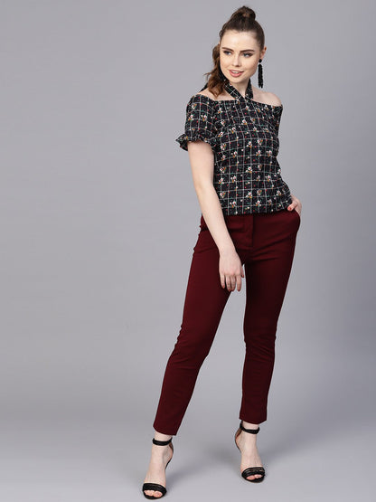 Women's Black Checked Floral Top With Halter Neck & Half Sleeves