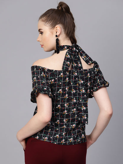 Women's Black Checked Floral Top With Halter Neck & Half Sleeves
