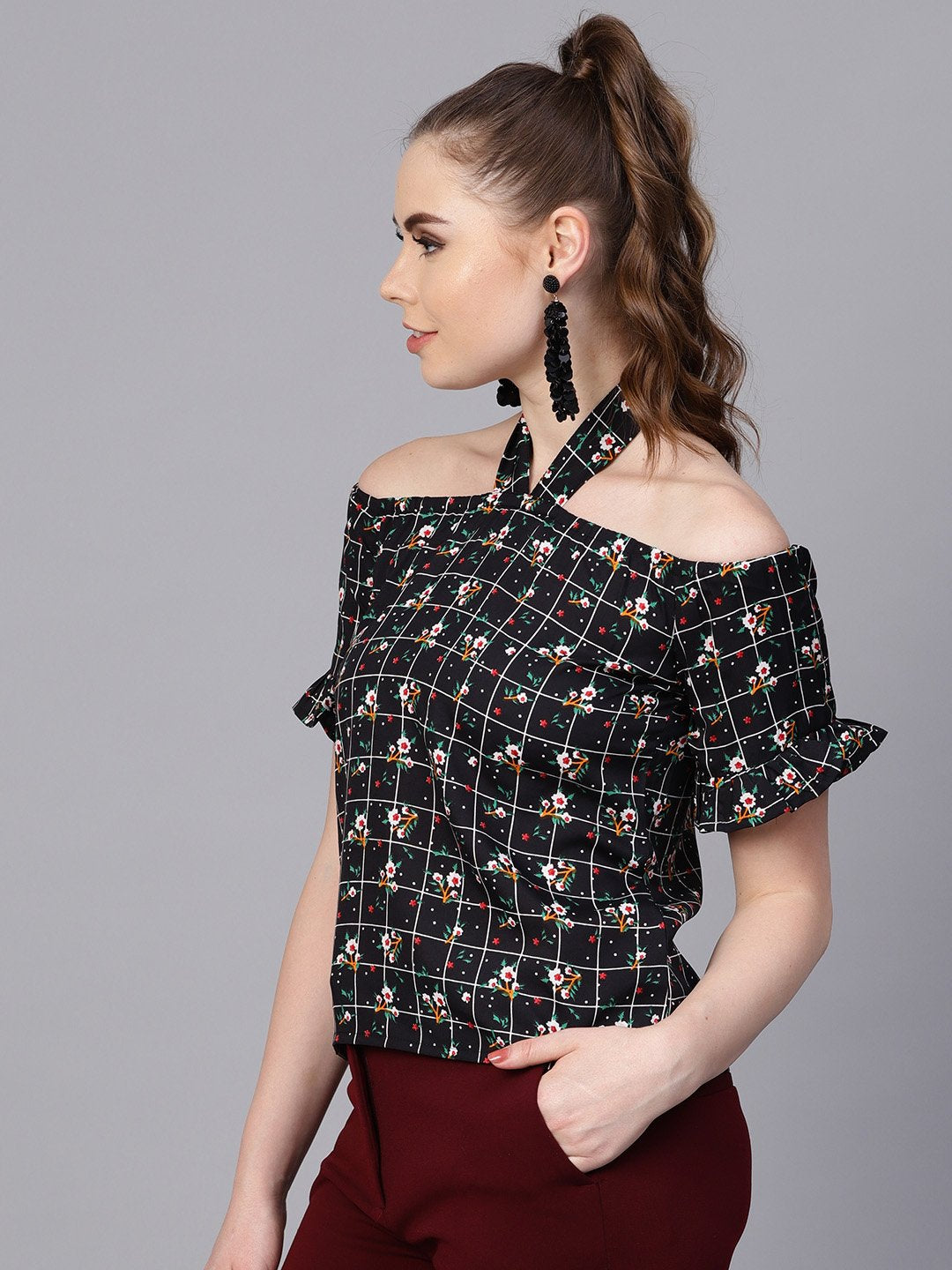 Women's Black Checked Floral Top With Halter Neck & Half Sleeves