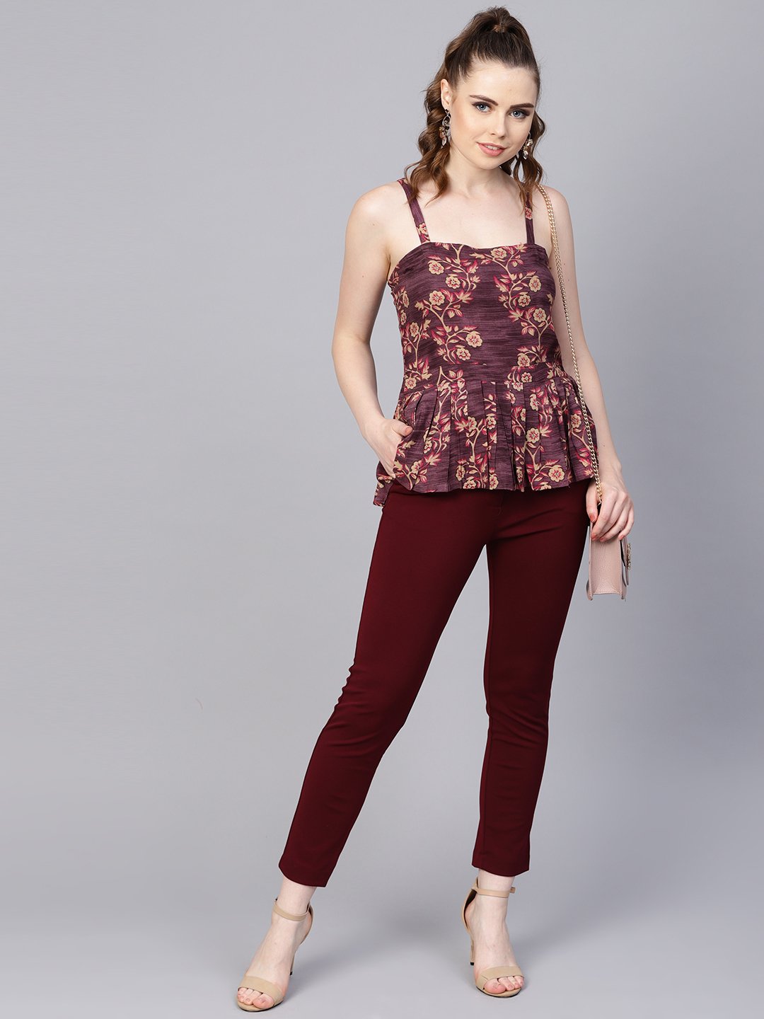 Women's Rayon Burdundy Printed Peplum Style Top With Drawstring