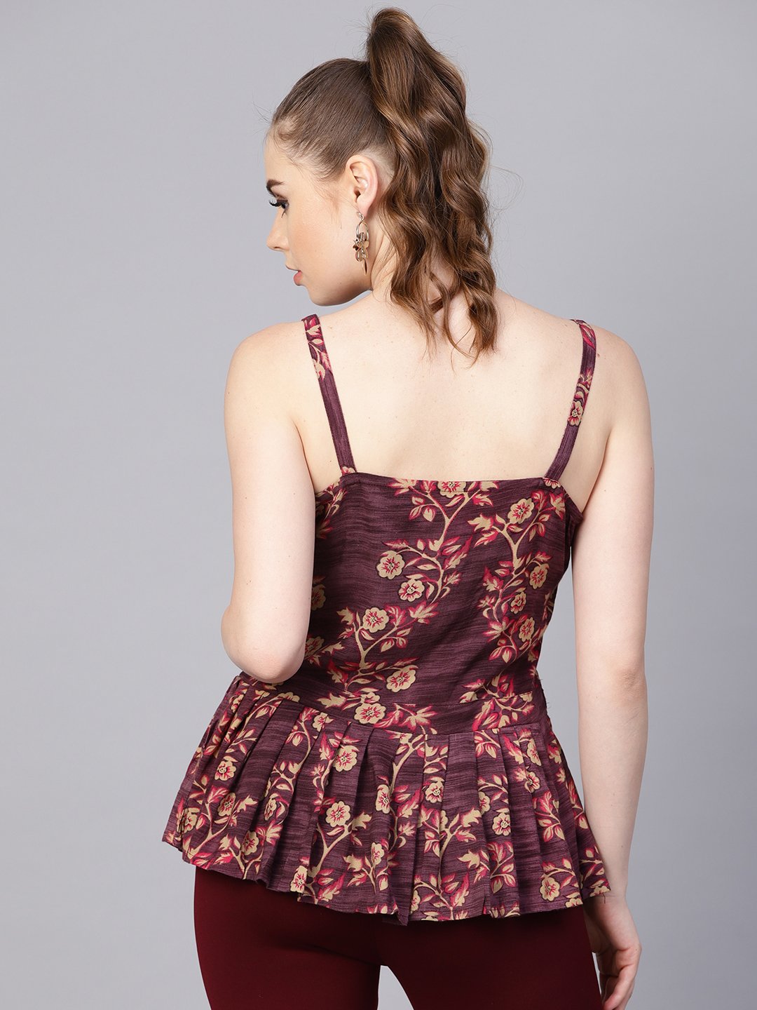 Women's Rayon Burdundy Printed Peplum Style Top With Drawstring