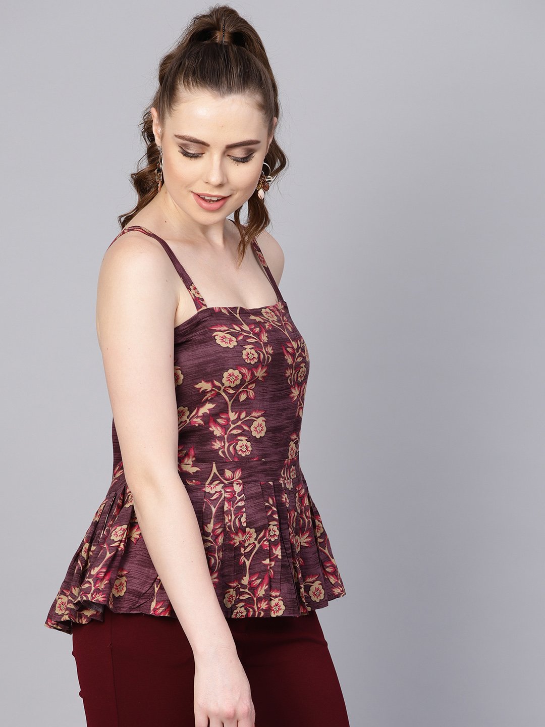 Women's Rayon Burdundy Printed Peplum Style Top With Drawstring