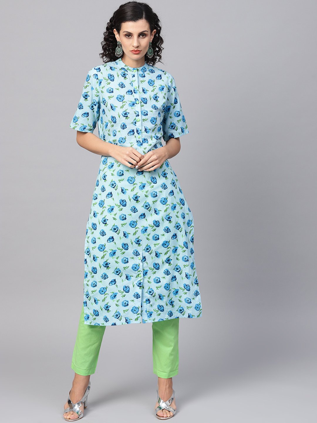Women's Cotton Light Blue Floral Printed Kurta Set With Solid Light Green Pants