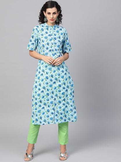 Women's Cotton Light Blue Floral Printed Kurta Set With Solid Light Green Pants