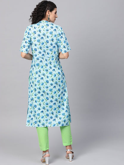 Women's Cotton Light Blue Floral Printed Kurta Set With Solid Light Green Pants