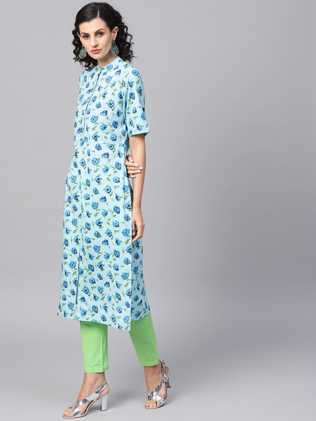 Women's Cotton Light Blue Floral Printed Kurta Set With Solid Light Green Pants