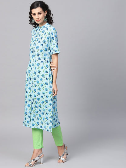 Women's Cotton Light Blue Floral Printed Kurta Set With Solid Light Green Pants