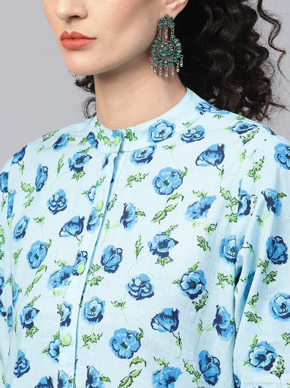 Women's Cotton Light Blue Floral Printed Kurta Set With Solid Light Green Pants