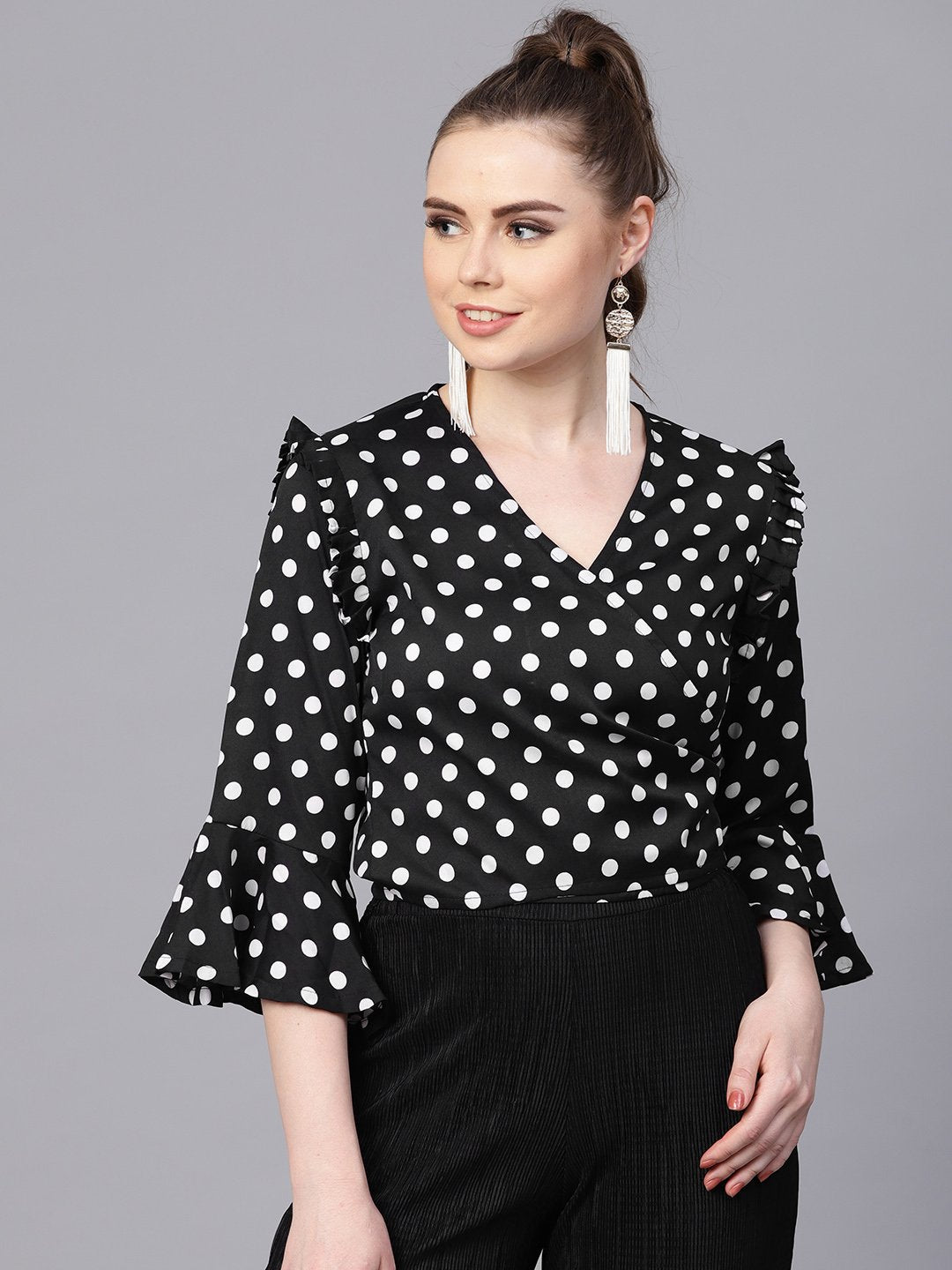 Women's Black Polka Dots Top With Detailed Sleeves & V-Neck