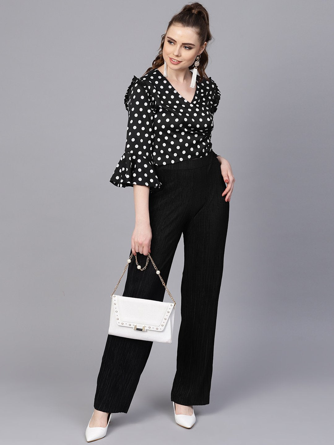 Women's Black Polka Dots Top With Detailed Sleeves & V-Neck