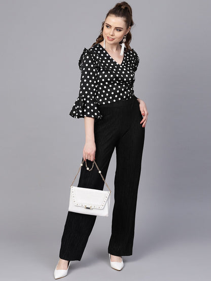 Women's Black Polka Dots Top With Detailed Sleeves & V-Neck