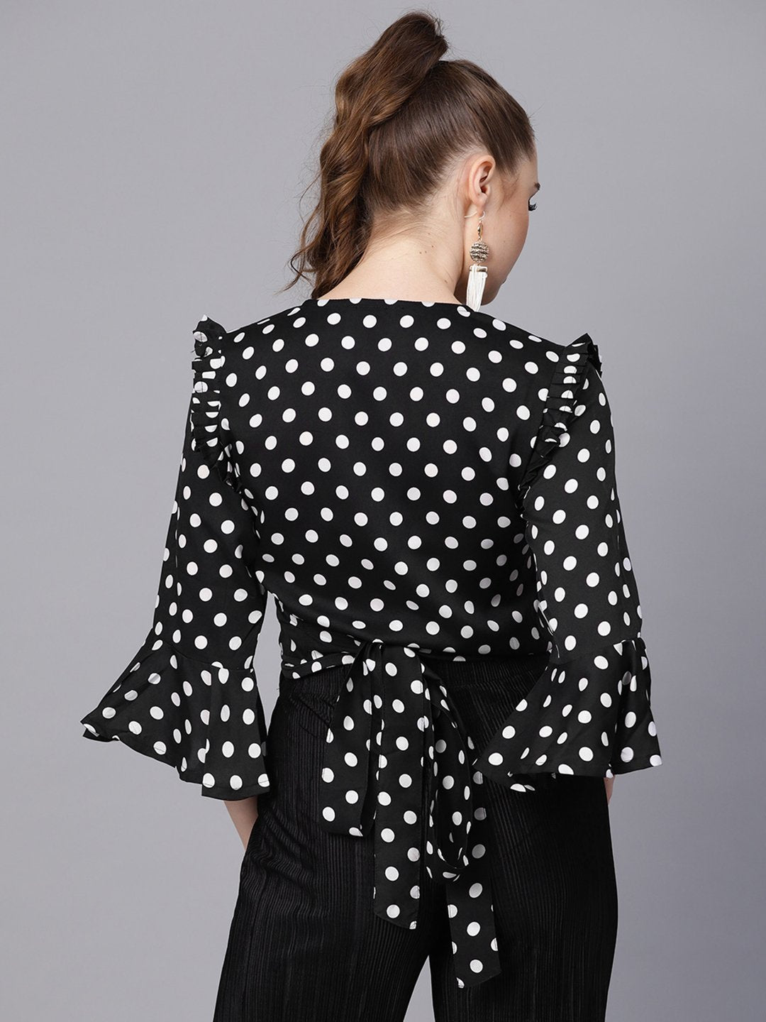 Women's Black Polka Dots Top With Detailed Sleeves & V-Neck