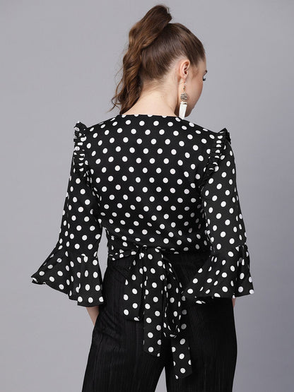Women's Black Polka Dots Top With Detailed Sleeves & V-Neck