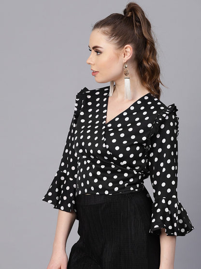 Women's Black Polka Dots Top With Detailed Sleeves & V-Neck