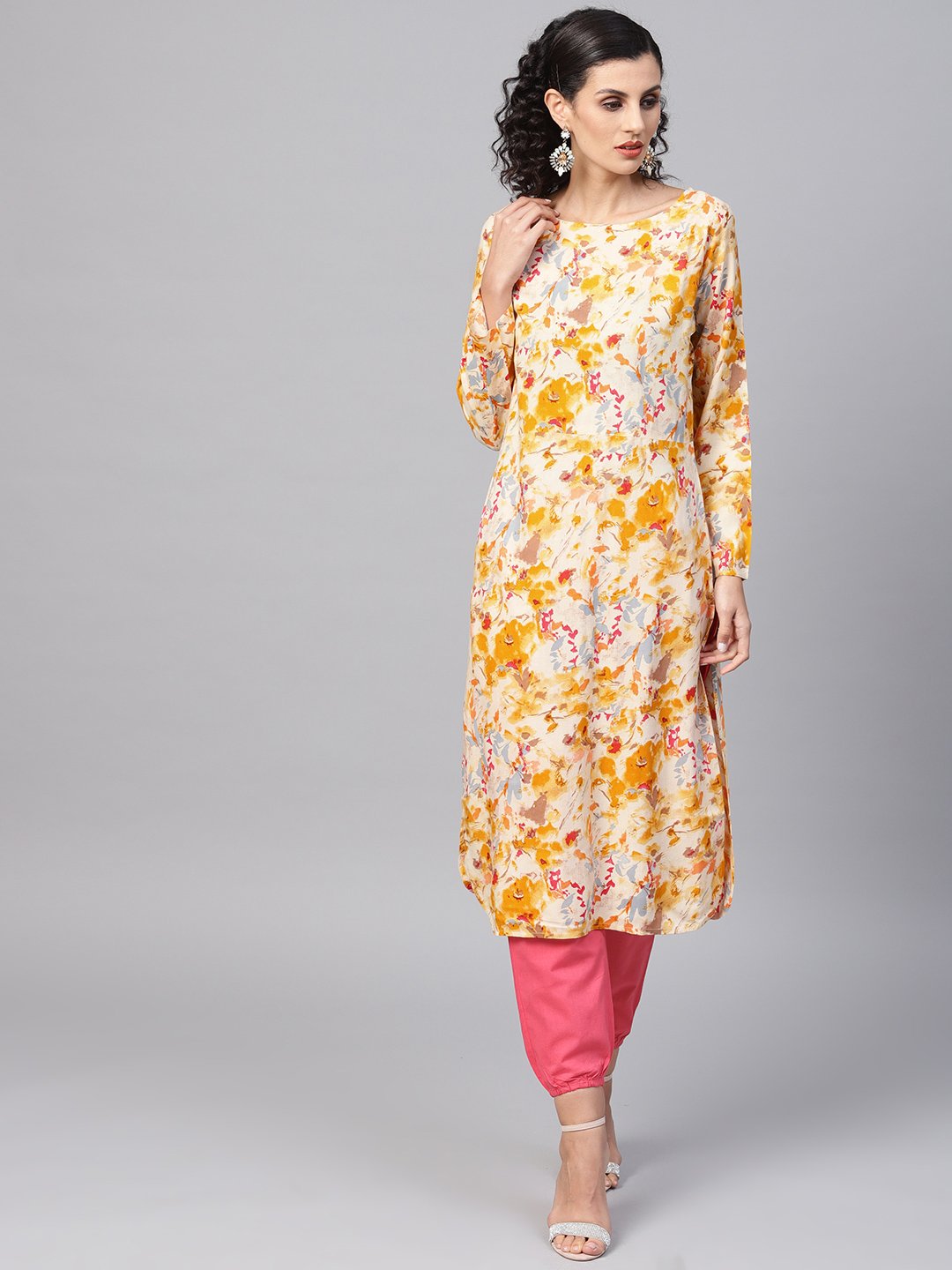 Women's Yellow Coloured Printed Kurta Set With Solid Megenta Pants