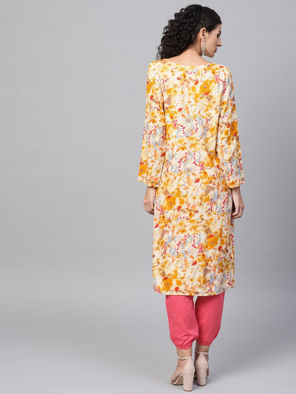 Women's Yellow Coloured Printed Kurta Set With Solid Megenta Pants