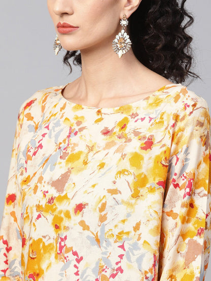 Women's Yellow Coloured Printed Kurta Set With Solid Megenta Pants