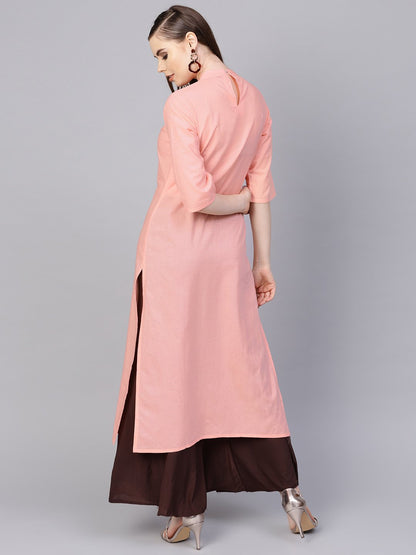 Women's Solid Peach Kurta With Closed Collar And Pleats In Yoke