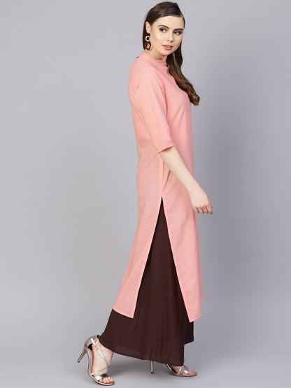 Women's Solid Peach Kurta With Closed Collar And Pleats In Yoke