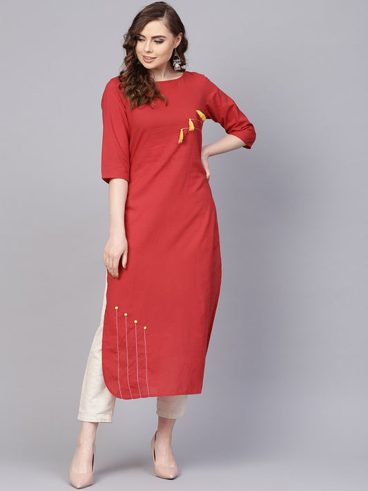 Women's Solid Red Kurta With Thread Stitch And Tassels Detailing With A Round Neck And 3/4Th Sleeves