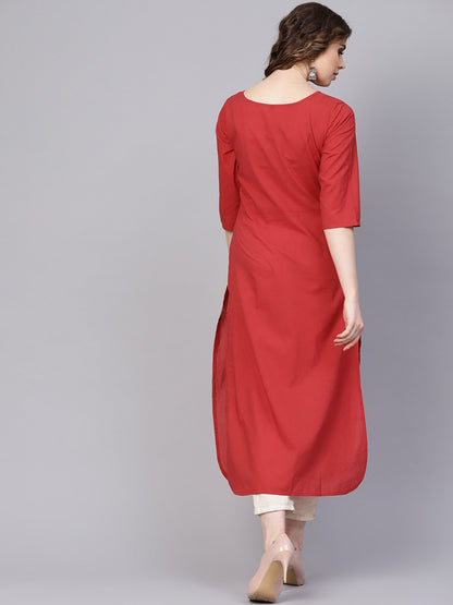 Women's Solid Red Kurta With Thread Stitch And Tassels Detailing With A Round Neck And 3/4Th Sleeves