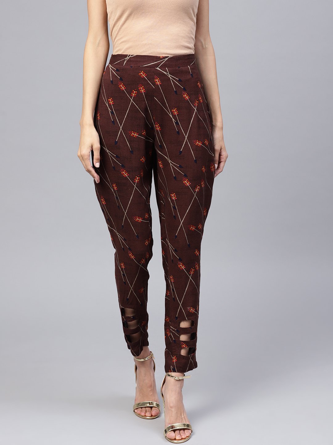 Women's Dark Brown Printed Peeka A Boo Pants