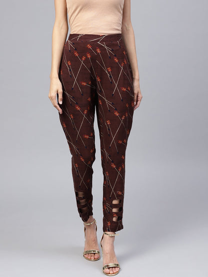 Women's Dark Brown Printed Peeka A Boo Pants