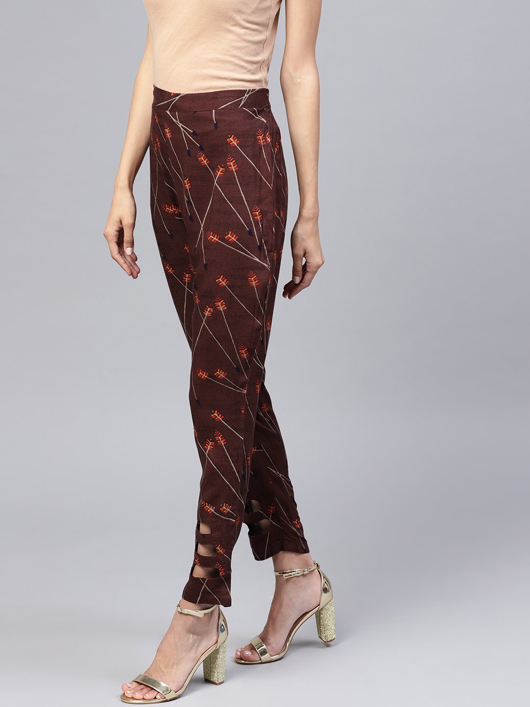 Women's Dark Brown Printed Peeka A Boo Pants