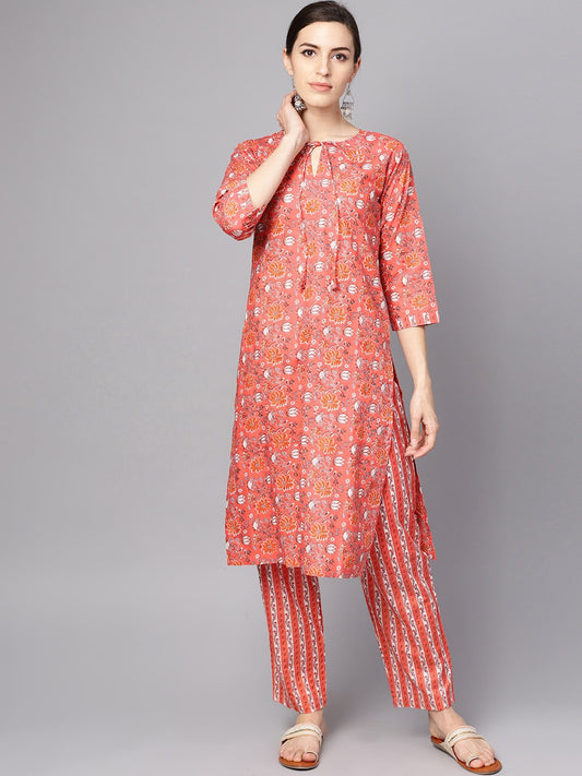 Women's Coral Pink Floral Print Kurta Set With Pants
