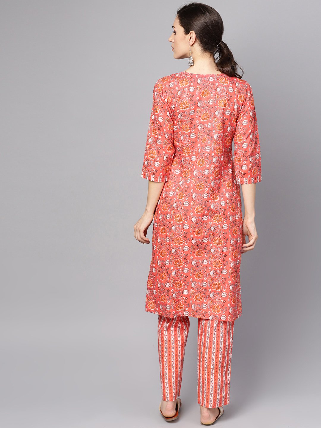 Women's Coral Pink Floral Print Kurta Set With Pants