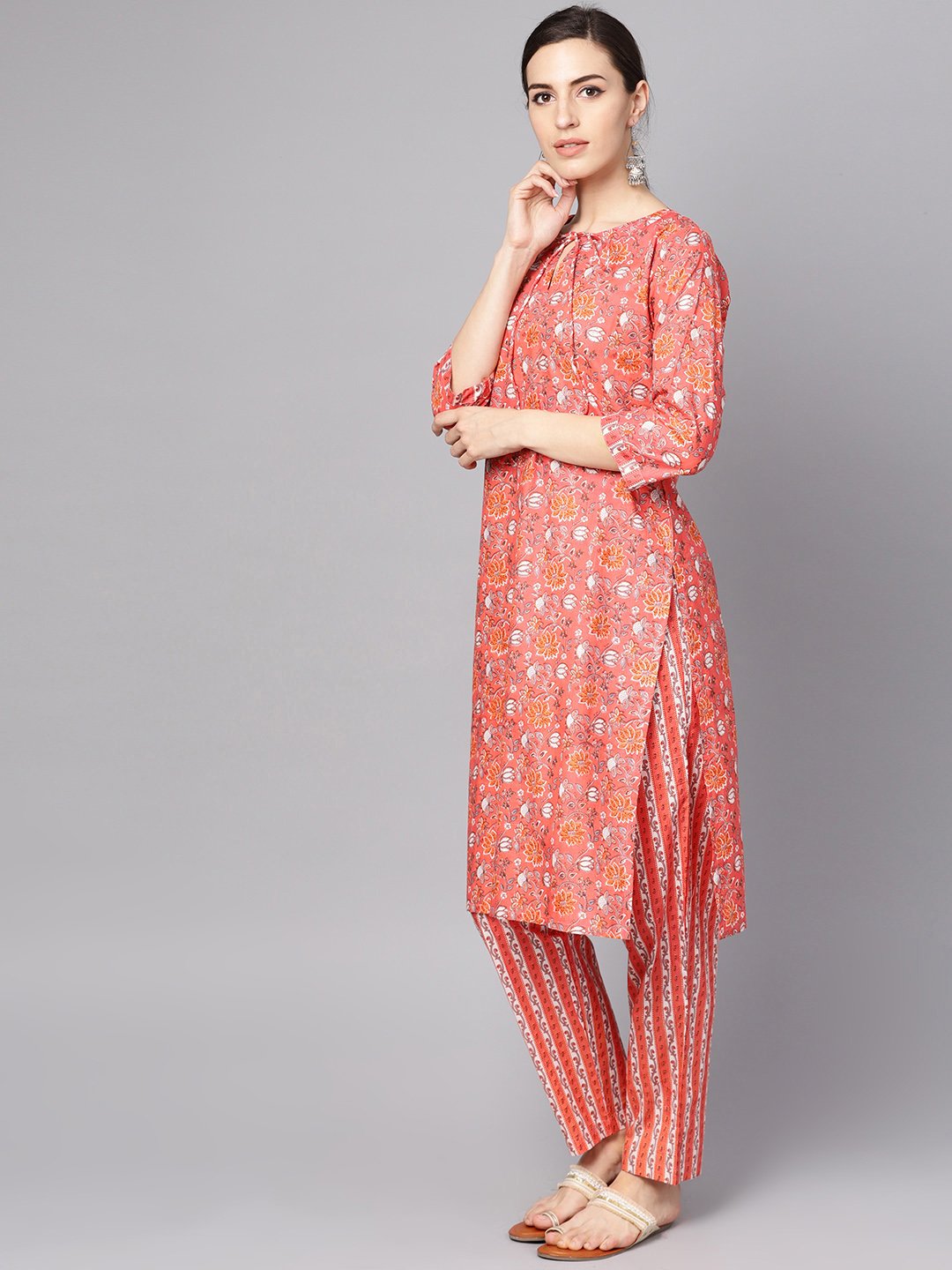 Women's Coral Pink Floral Print Kurta Set With Pants